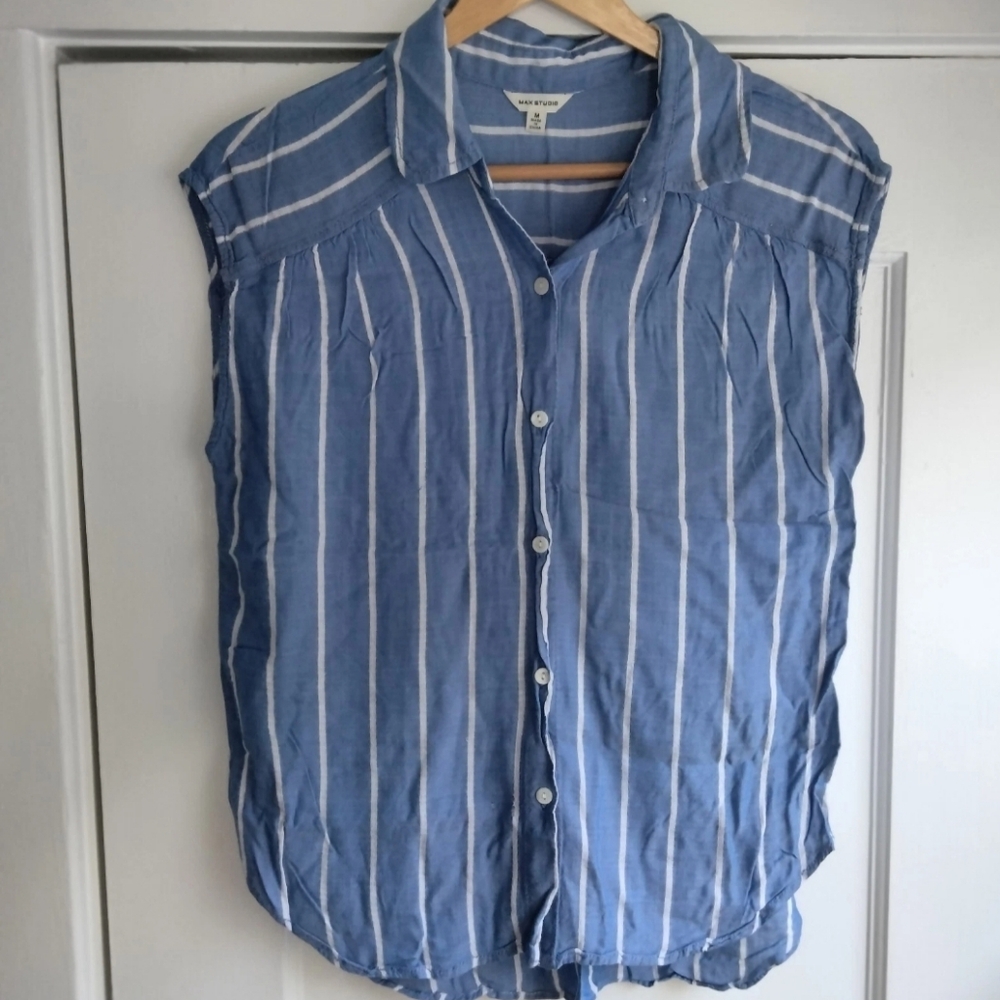 Max Studio Blue & White Striped Button Down Sleeveless Shirt Women's Size M